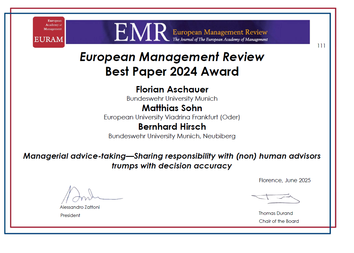 Herzlichen Glückwunsch zum European Management Review Best Paper 2024 Award