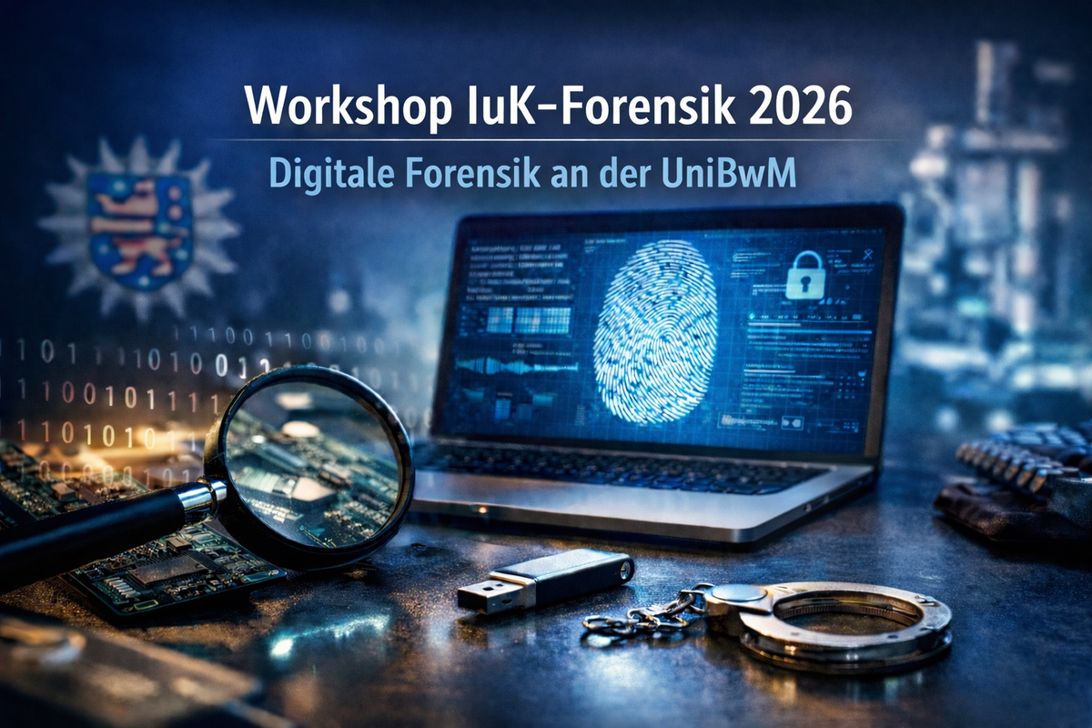 Teaserbild zum Workshop IuK-Forensik 2026 mit Laptop, digitalem Fingerabdruck und forensischen Werkzeugen wie Lupe und USB-Stick