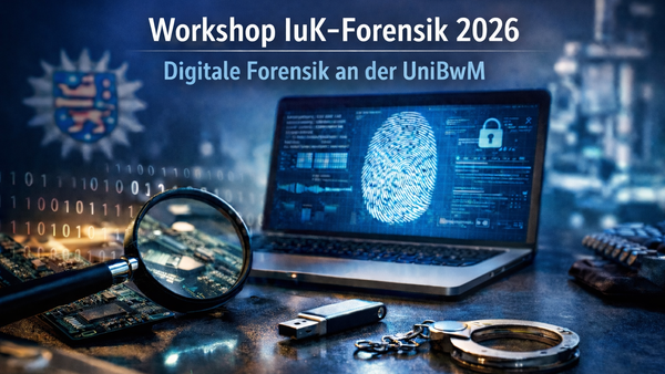 Teaserbild zum Workshop IuK-Forensik 2026 mit Laptop, digitalem Fingerabdruck und forensischen Werkzeugen wie Lupe und USB-Stick