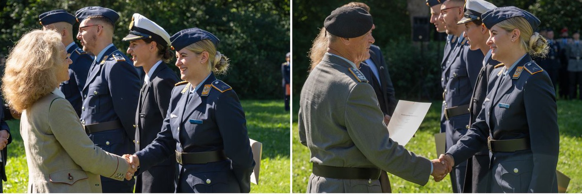 Collage aus zwei Bildern. Linkes Bild: Eine Frau in ziviler Kleidung, Präsidentin Prof. Kern, reicht einer Soldatin im blauen Dienstanzug die Hand, beide lächeln. Rechtes Bild: Oberst Henkelmann reicht derselben Soldatin die Hand. Im Hintergrund stehen weitere soeben Beförderte.