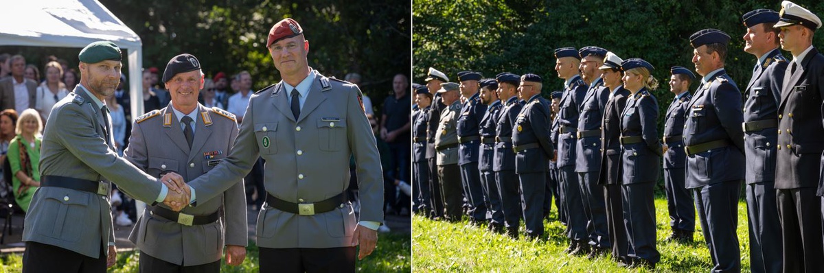 Collage aus zwei Bildern. Linkes Bild: Drei Männer im grauen Dienstanzug des Heeres, in der Mitte Oberst Henkelmann, links Oberstleutnant Müller, rechts Oberstleutnant Mühlich. Alle Männer haben den Blick in die Kamera gerichtet, die Männer links und rechts reichen sich die Hand, die Hand des mittleren Mannes liegt obenauf. Rechtes Bild: auf einer sonnigen Wiese steht eine Gruppe zu befördernder Soldatinnen und Soldaten, sie tragen die dunkelblauen Dienstanzüge der Luftwaffe bzw. der Marine