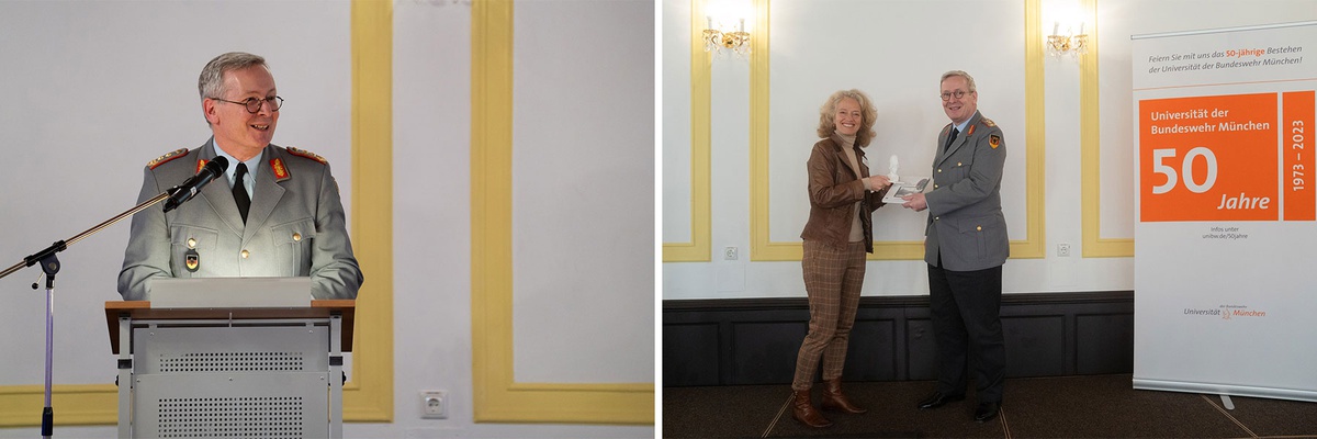 Collage aus zwei Bildern. Linkes Bild: Ein Herr mit Brille im Dienstanzug der Bundeswehr (Generalleutnant) steht an einem Rednerpult und spricht mit freundlichem Gesichtsausdruck zum Publikum, das nicht im Bild ist. Rechtes Bild: links steht eine Frau in zivil (Präsidentin), die dem Generalleutnant aus dem ersten Bild ein Buch und eine kleine Büste der Athene überreicht. beide schauen lächelnd in die Kamera.