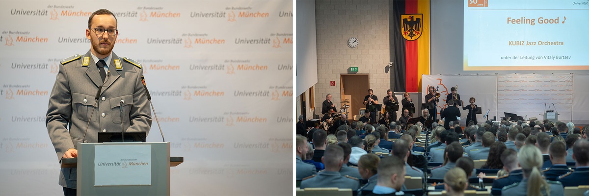 Collage aus zwei Bildern. Linkes Bild: am Rednerpult steht ein Leutnant im Dienstanzug, der zum Publikum (nicht im Bild) spricht. Rechtes Bild: Im audimax von hinten oben nach vorne unten fotografiert. Im Vordergrund das Publikum, vorne eine Band, bestehend aus 15 schwarz gekleideten Mitgliedern, davon eine Frau singend und ein Mann dirigierend. An der Wand zeigt die Präsentation den Schriftzug "Feeling Good. KUBIZ Jatt Orchestra unter der Leitung von Vitaly Burtsev".