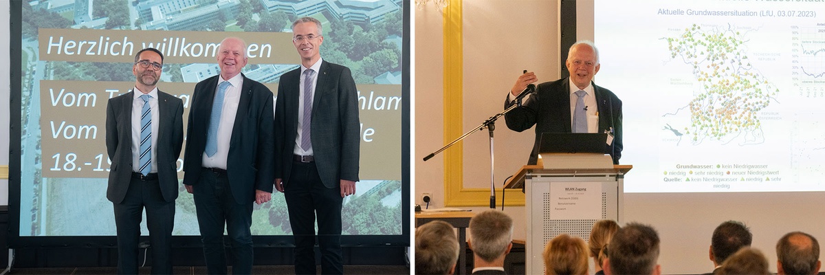 Collage aus zwei Bildern. Links: Drei Herren im Anzug stehen vor einer Präsentationsfolie und lächeln in die Kamera. Rechts: Ein Herr im Anzug steht am Rednerpult und spricht zum Publikum, dessen Hinterköpfe zu sehen sind. An der Wand hinter ihm ist eine Grafik mit der Überschrift "Aktuelle Grundwassersituation (LfU, 03.07.23)" zu sehen