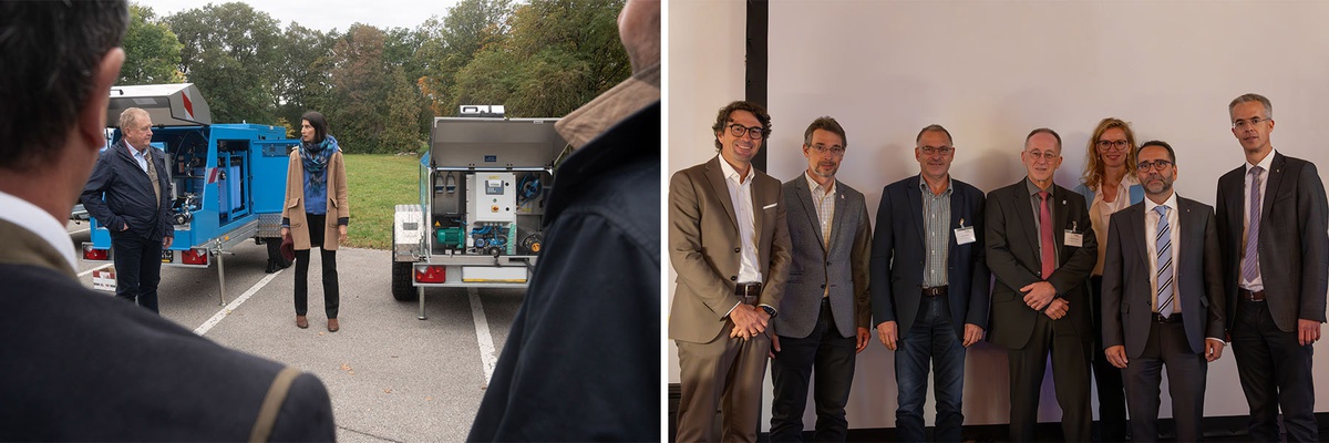 Collage aus zwei Bildern. Links: auf einem Parkplatz stehen zwei Anhänger mit technischem Gerät, davon steht eine Frau, die mit einem links von ihr stehenden Mann spricht. Rechts: Gruppenfoto mit sechs Männern und einer Frau