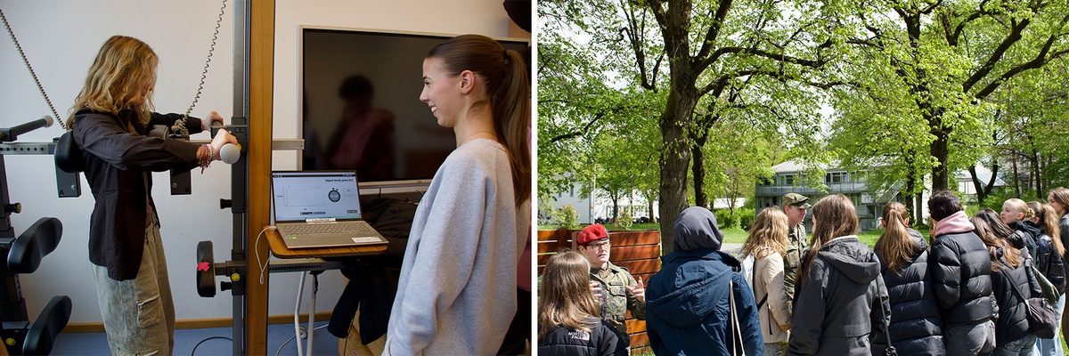 Collage aus zwei Bildern. Links: eine Schülerin steht an einem technischen Gerät, das an Geräte aus dem Fitnessstudio erinnert und hält sich mit beiden Händen an Griffen fest. Rechts: Die Schülerinnen stehen draußen auf dem Campus und hören zwei Soldatinnen oder Soldaten im Feldanzug zu.