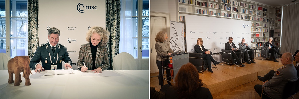 Collage aus zwei Bildern. Links: an einem Schreibtisch sitzen Dr. Benedikt Franke und Prof. Eva-Maria und unterzeichnen ein Schriftstück. Rechts Bild: Prof. Kern steht an einem Rednerpult und spricht zum Publikum, rechts im Bild ist das Podium zu sehen, auf dem vier Diskussionsteilnehmende sitzen. 