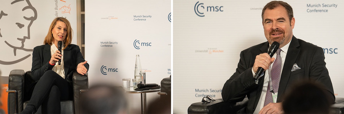 Collage aus zwei Bildern. Links: Franziska Reich sitzt vor einer Wand mit den Logos der UniBw M und der MSC und spricht ins Mikrofin. Rechts: Florian Hahn sitzt ebenfalls vor einer Logowand und spricht ins Mikrofon.