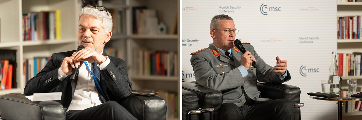 Collage aus zwei Bildern. Links: Prof. Carlo Masala sitzt in einem Sessel und spricht in ein Mikrofon. Rechts: Generalleutnant André Bodemann spricht in ein Mikrofon Richtung Publikum (nicht im Bild zu sehen).
