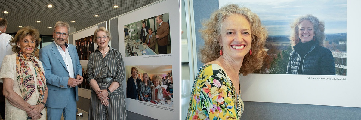 Collage aus zwei Bildern. Links: Charlotte Knobloch, Claus Schunk und Merith Niehuss stehen vor einer Bilderwand mit den Fotos von Claus Schunk. Rechts: Eva-Maria Kern vor einem Fotos von sich aus dem Jahr 2020.