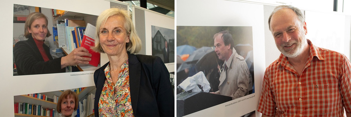 Collage aus zwei Bildern. Links: Ursula Münch neben einem Bild der Ausstellung, auf dem sie zu sehen ist, aufgenommen einige Jahre zuvor. Rechts: Uwe Borghoff vor einem Bild, das ihn während des Beförderungsappells 2007 im Regen zeigt.