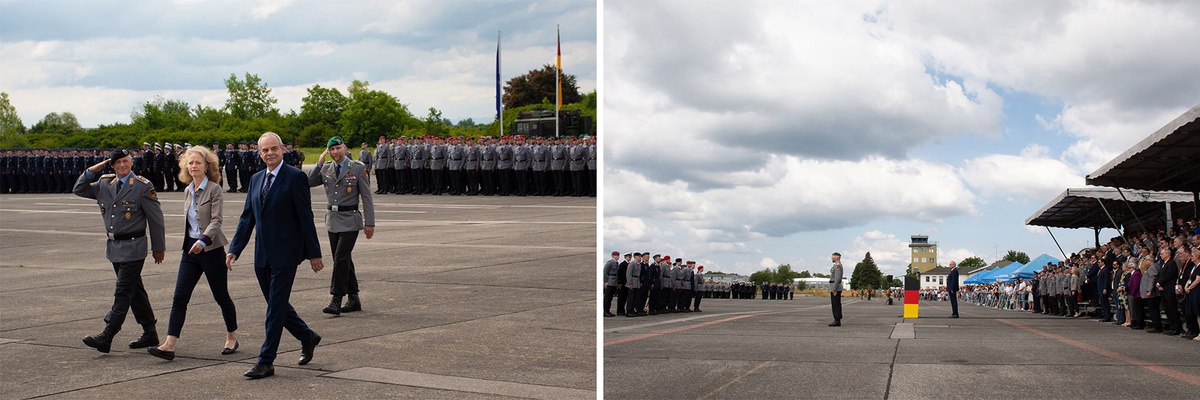Collage aus zwei Bildern. Links: Abschreiten der Front, rechts Blick auf den Appell: links stehen aufgereiht die Soldatinnen und Soldaten, in der Mitte des Rednerpult, rechts die Zuschauerinnen und Zuschauer