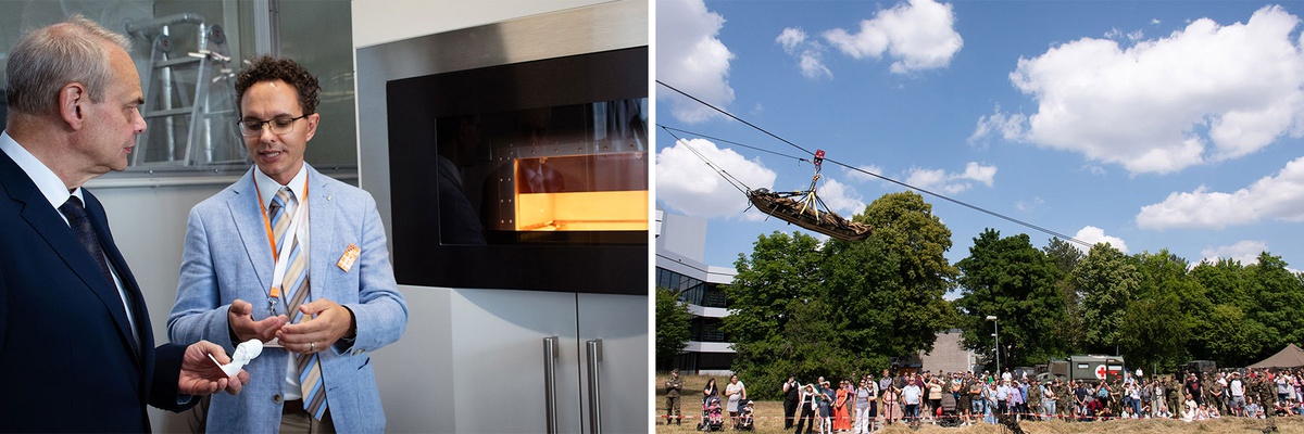 Collage aus zwei Bildern. Linkes Bild. Staatssekretär Zimmer lässt sich in einem Forschungslabor etwas erklären. Rechtes Bild: Auf einer Wiese steht eine große Gruppe aus Zuschauenden, an einem Seil, das über ihren Köpfen gespannt ist, wird eine Person transportiert.