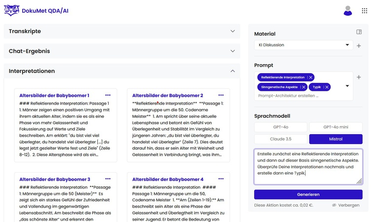 Das Bild zeigt einen Screenshot der Benutzeroberfläche von DokuMet QDA/AI
