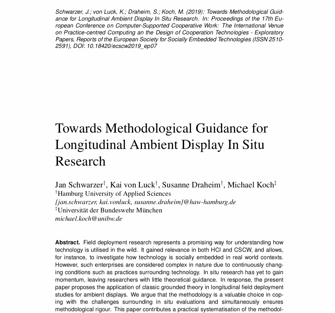 Paper "Towards Methodological Guidance for Longitudinal Ambient Display In Situ Research" auf der ECSCW 2019
