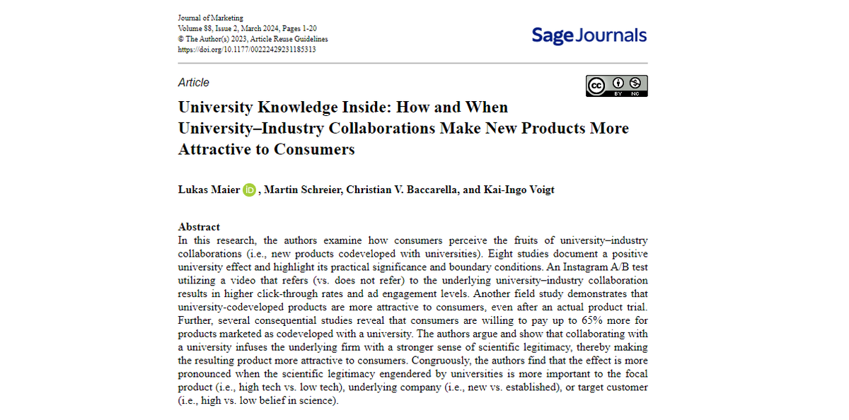 Journal of Marketing: Neue Publikation zur Kundenwahrnehmung von Kollaborationen zwischen Universitäten und Industrie im Rahmen der Produktentwicklung