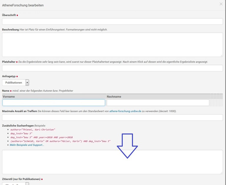 Screenshot AtheneForschung Template: zusätzliches Suchfeld