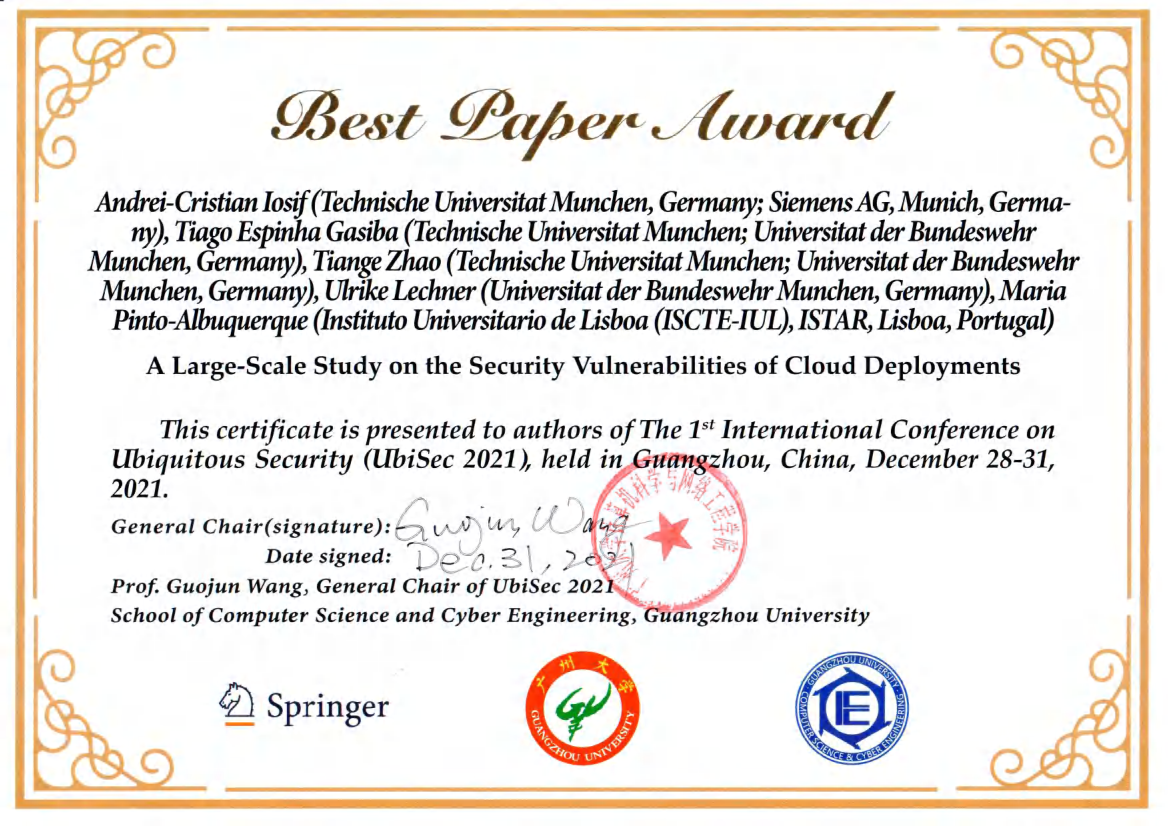 Best Paper auf der UbiSec 2021