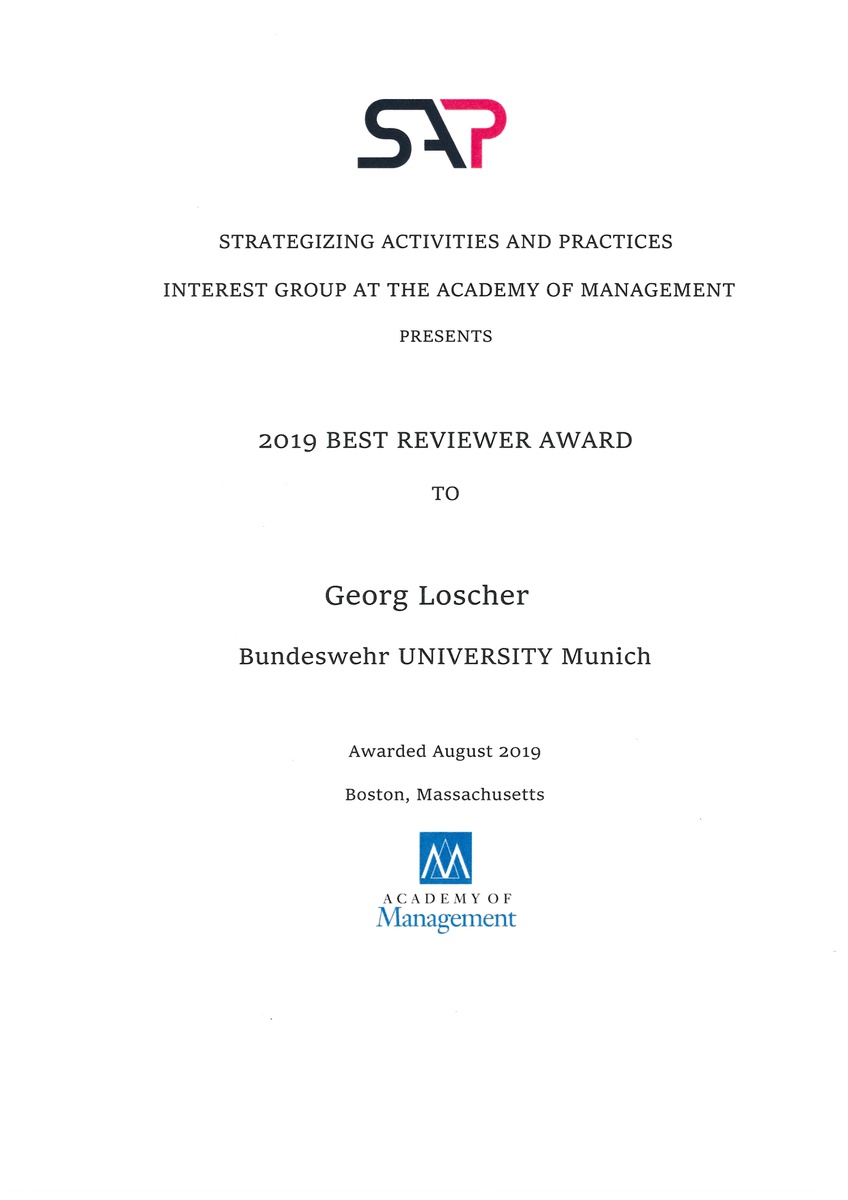 Best Reviewer Award der Strategizing Activities and Practices Interest Group (SAP IG) für Dr. Georg Loscher