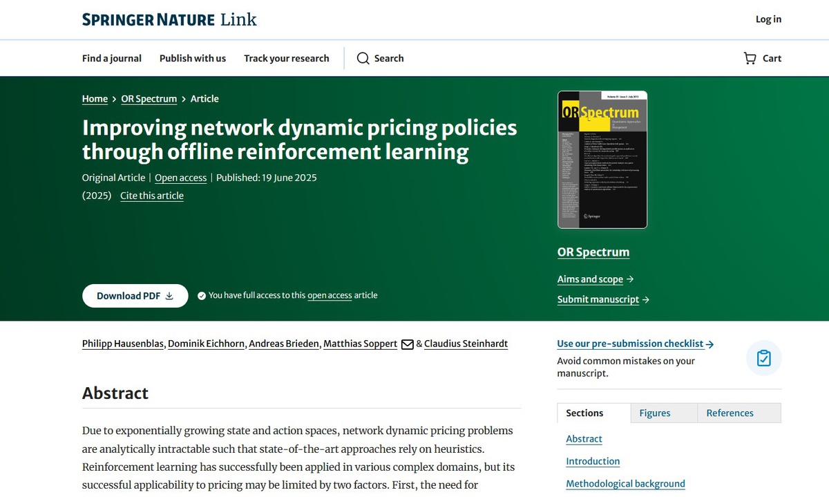 Fachbeitrag zum Offline Reinforcement Learning im Dynamic Pricing erschienen
