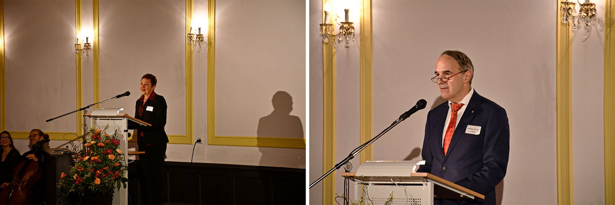 Collage aus zwei Bildern. Links steht Dr. Matzner-Vogel am Rednerpult und spricht zum Publikum, rechts steht Prof. Renner, ebenfalls am Rednerpult, während seiner Rede