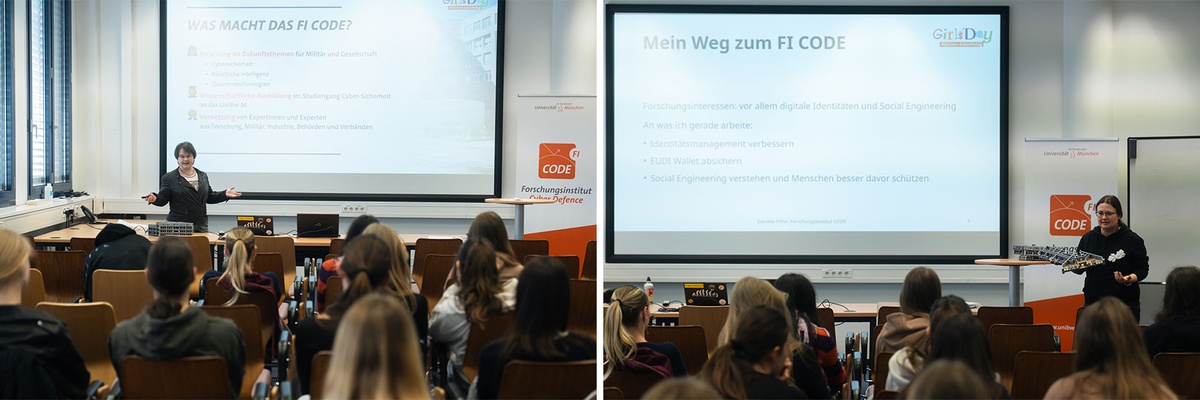 Collage aus zwei Bildern, auf beiden ist ein Seminarraum zu sehen, der von hinten nach vorne fotografiert wurde. Die Teilnehmerinnen des Girls Days sitzen auf den Stühlen und schauen nach vorne. Im linken Bild steht Prof. Geierhos vor einem per Beamer an die Wand geworfenen Bild und spricht zu den Teilnehmerinnen, im rechten Bild steht vorne Dr. Pöhn.