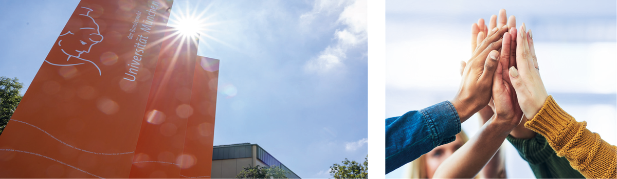 Universität bei Sonnenschein und verschiedene Hände, die sich gegenseitig berühren